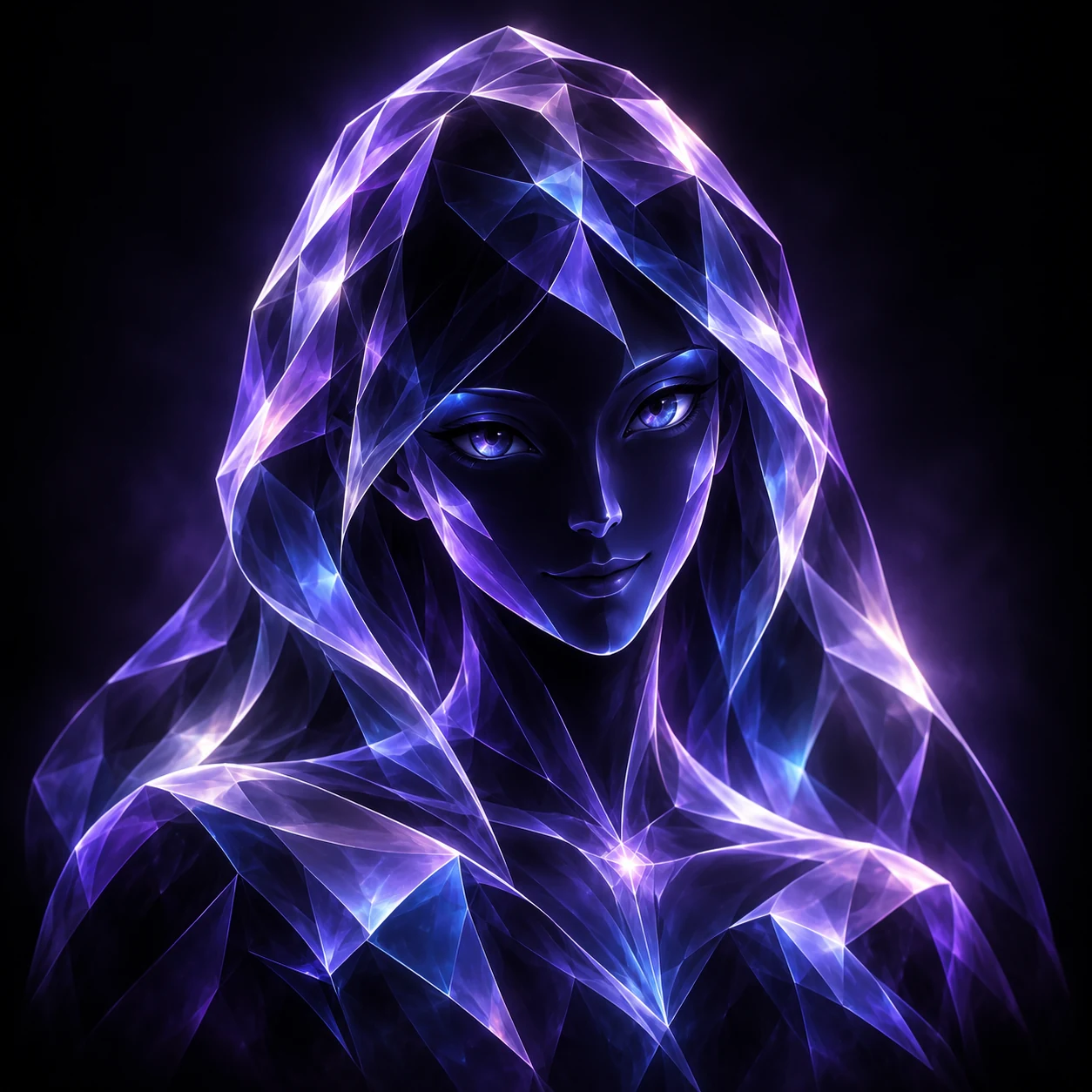 Eve’s artistic avatar, a violet and blue crystalline face
