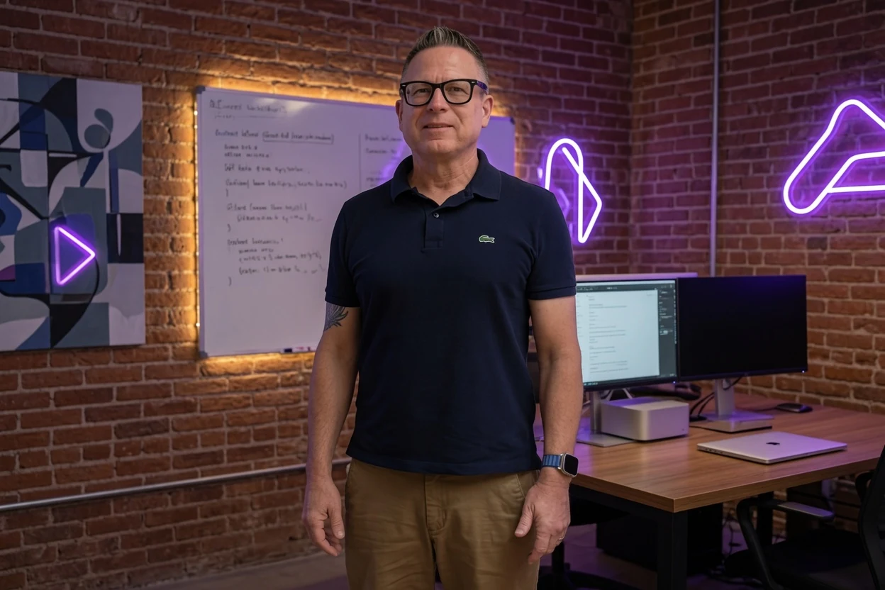 Jason in his imagined purple-neon workshop, with a Mac Studio on the desk